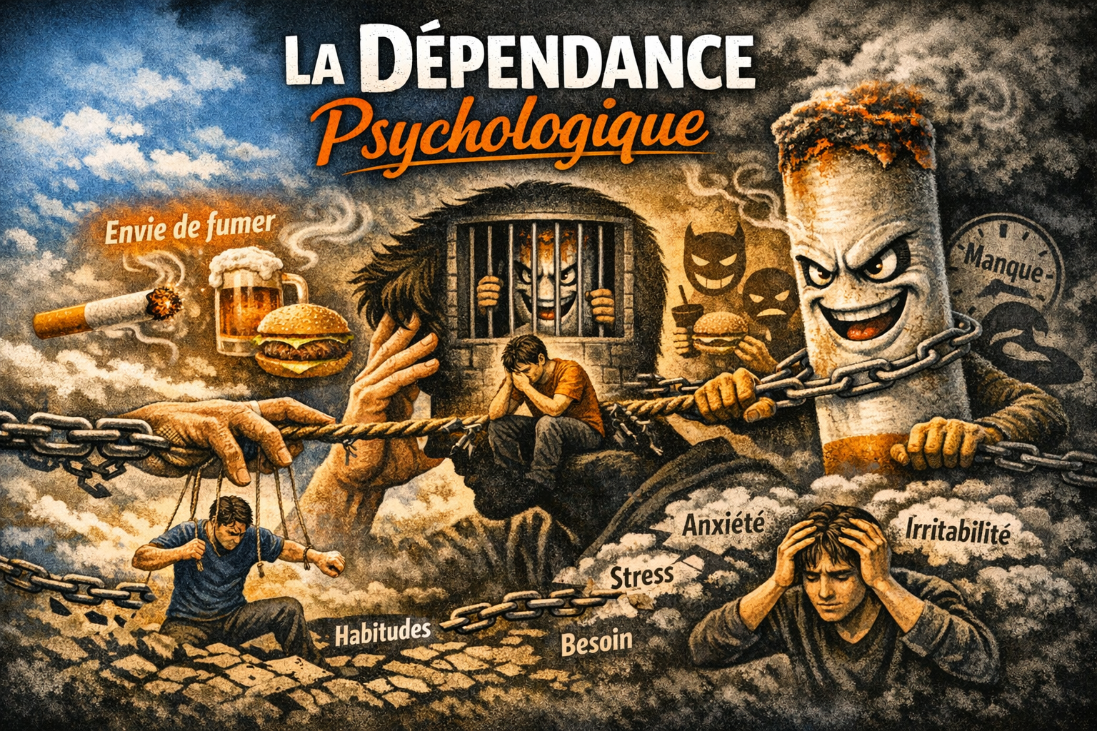 Illustration sur la dépendance psychologique liée au tabac : un esprit enchaîné par des cigarettes symbolisant l’emprise mentale, le stress, l’anxiété et le manque. Visuel pour site sur l’arrêt du tabac