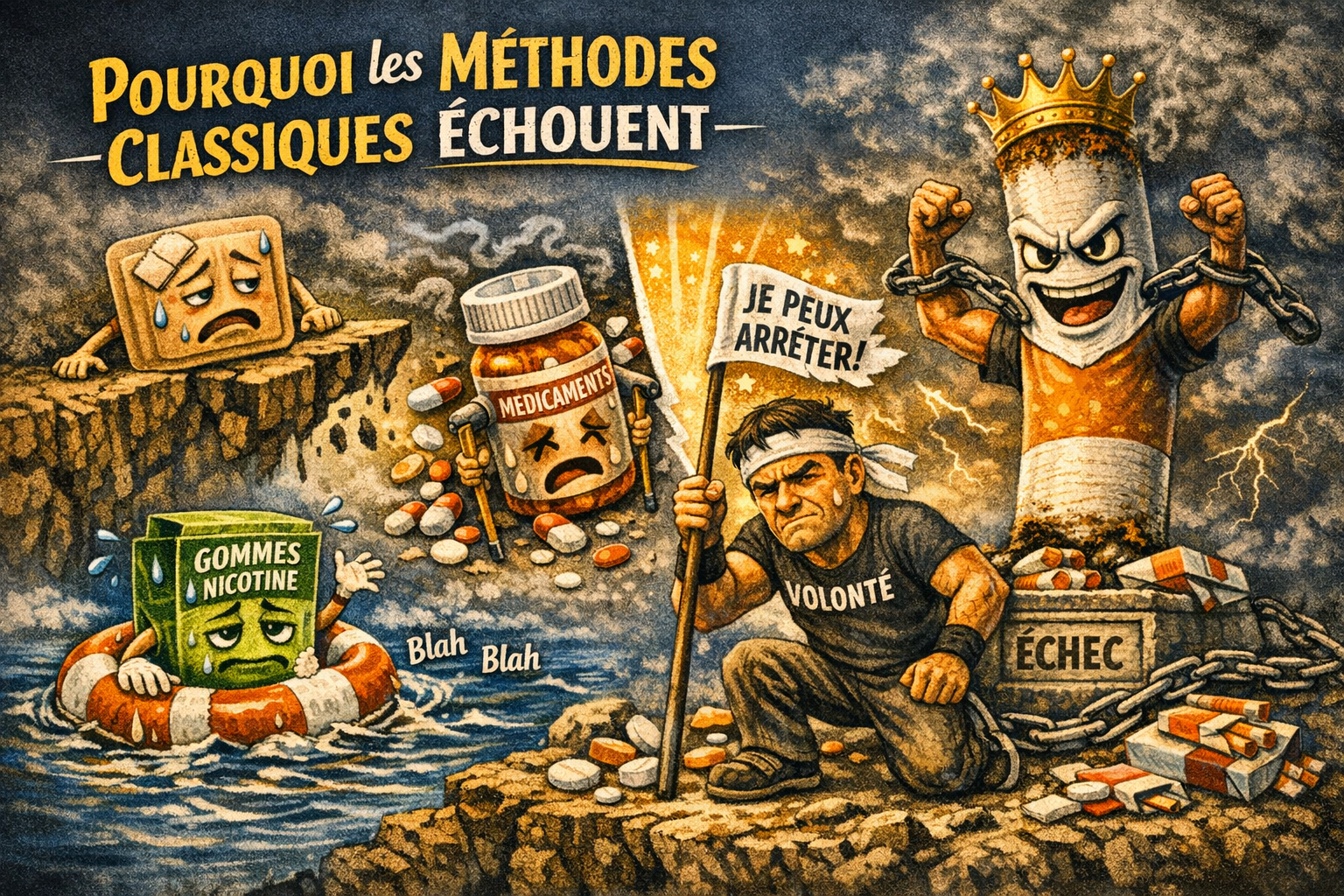 Illustration sur l’échec des méthodes classiques pour arrêter de fumer : patch, gommes, médicaments et volonté représentés en difficulté face à une cigarette triomphante, symbole de la dépendance. Visuel pour site sur l’arrêt du tabac.