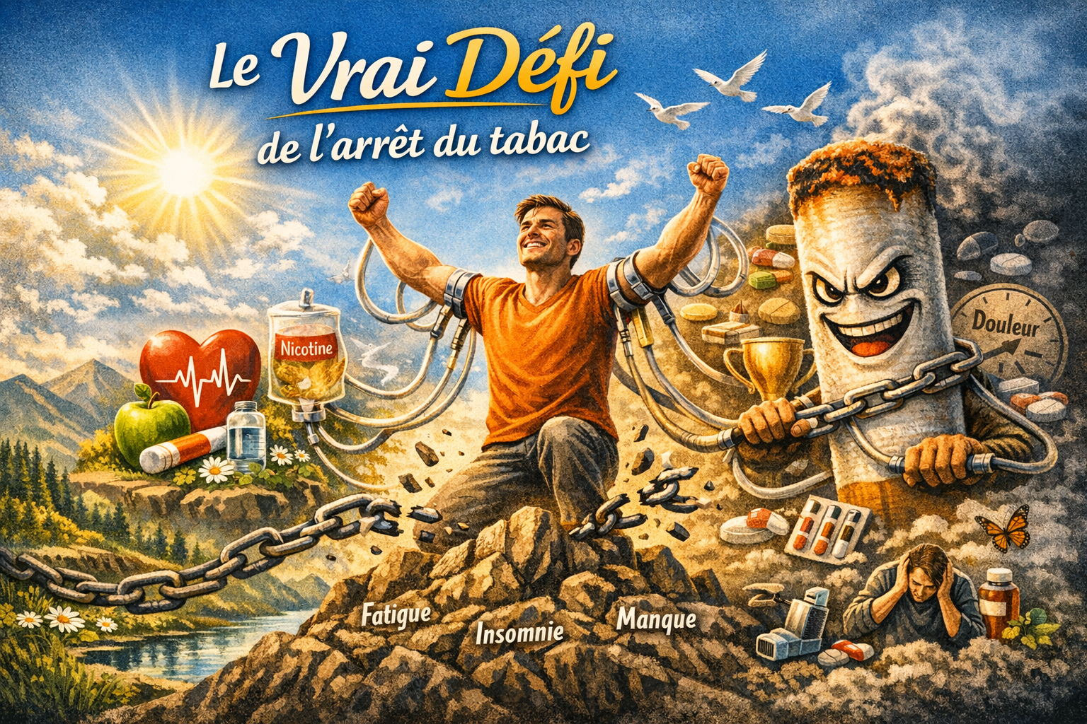 Illustration positive sur l’arrêt du tabac : une personne libérée brise ses chaînes au sommet d’une montagne, symbole de liberté, santé retrouvée et réussite du sevrage