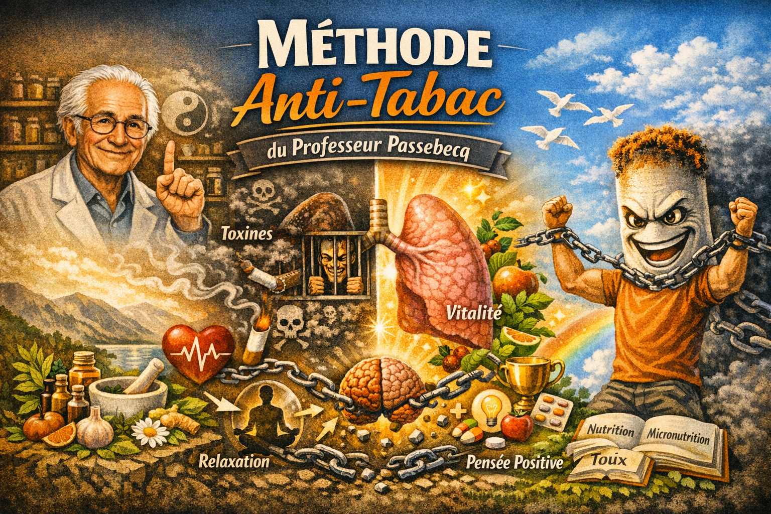 Illustration de la méthode anti-tabac du Professeur Passebecq : approche naturelle et globale pour arrêter de fumer, alliant nutrition, psychologie et libération du corps. Visuel optimisé pour site sur l’arrêt du tabac.