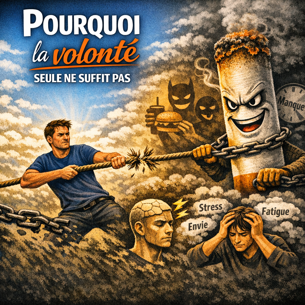 un homme lutte contre une cigarette géante, symbole de la dépendance. Message : 'Pourquoi la volonté seule ne suffit pas'. Illustration contrastée entre espoir et addiction, pour site sur l’arrêt du tabac